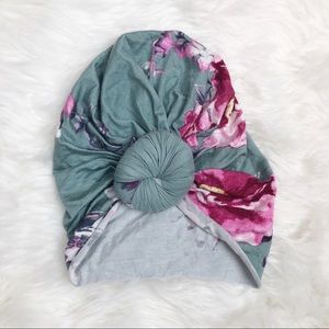 Top Knots Co Sage Floral Print Turban Beanie Hat L